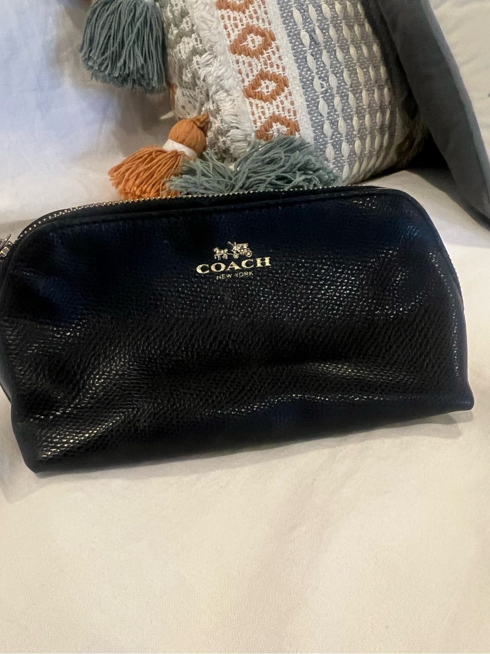 Coach Black Textured Leather Toiletry Pouch with Gold Logo